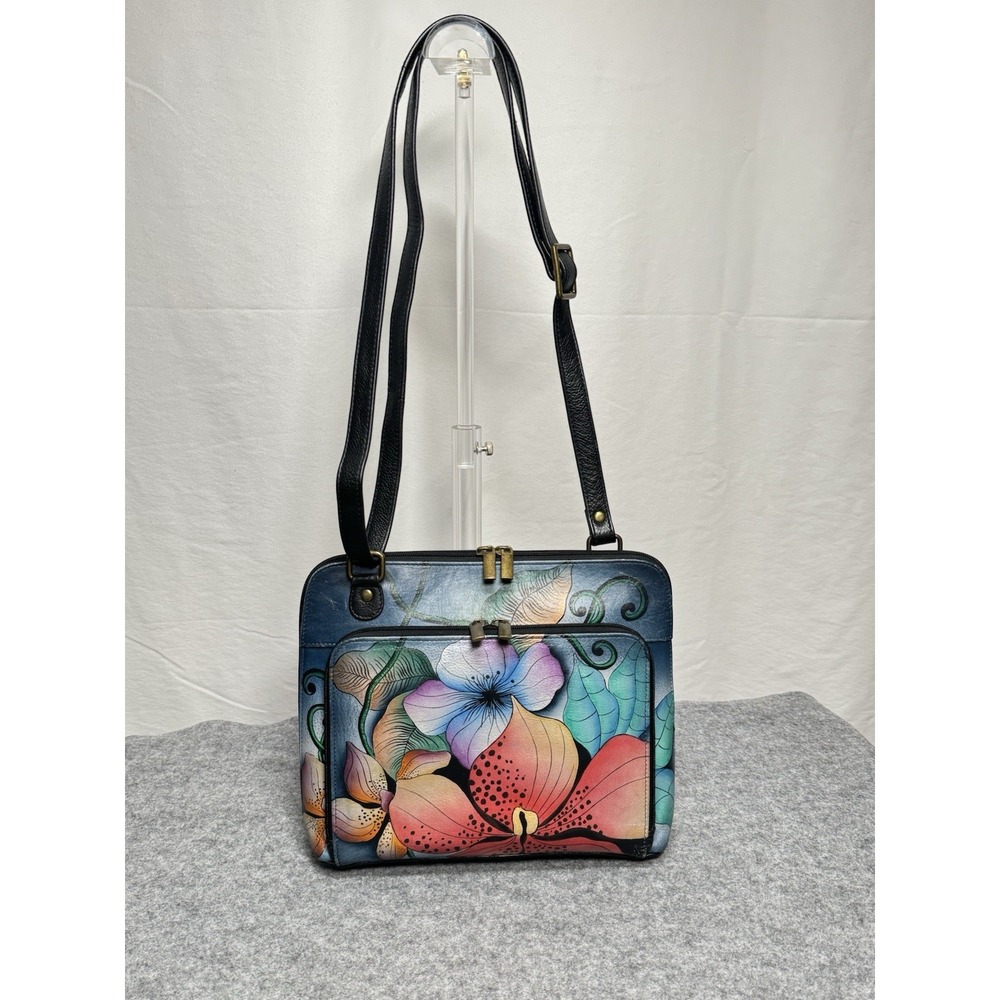 Anna Anuschka Hand Painted Medium Zip Around Purse Organizer Midnight Floral
